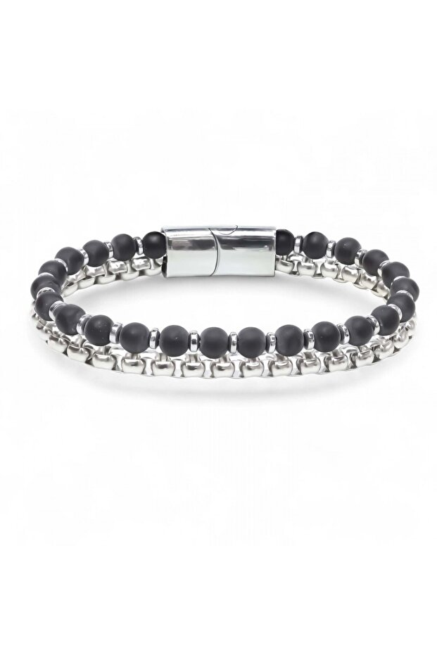 Steel Chain Matte Onyx and Silver Hematite Bracelet 31832B21D11