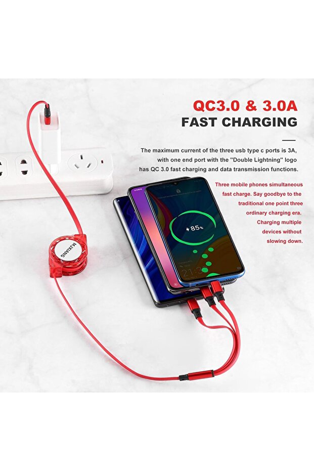 MJXIANG 1 Meter Retractable USB C QC 3.0 Fast Charging Cable with 3 USB-C Connectors - 5