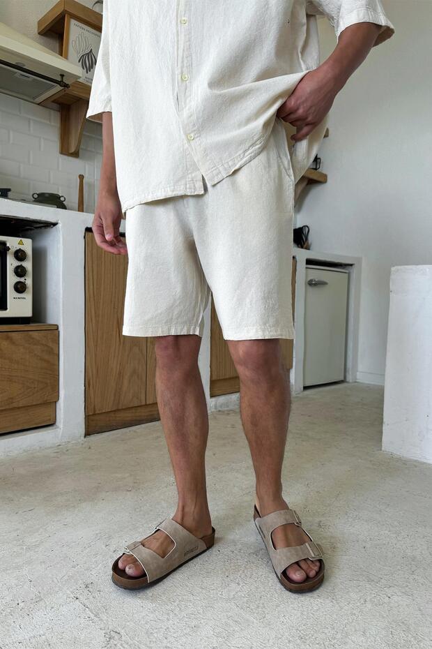 Cream Waist Elasticated Linen Shorts Beige