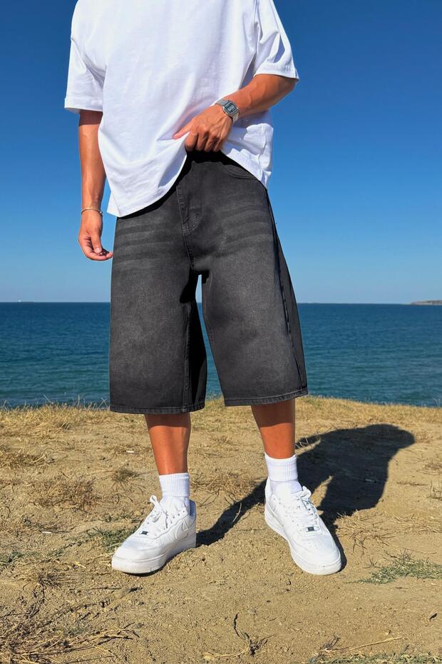 Washable Striped Black Denim Shorts Black