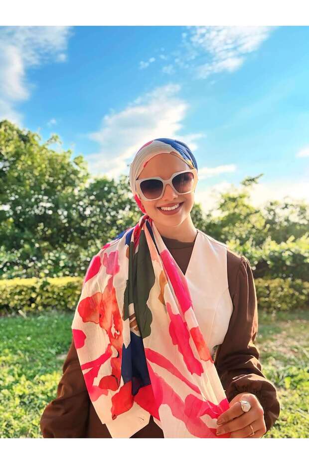 Palette Pattern Bamboo Scarf - White - Fuchsia - 2