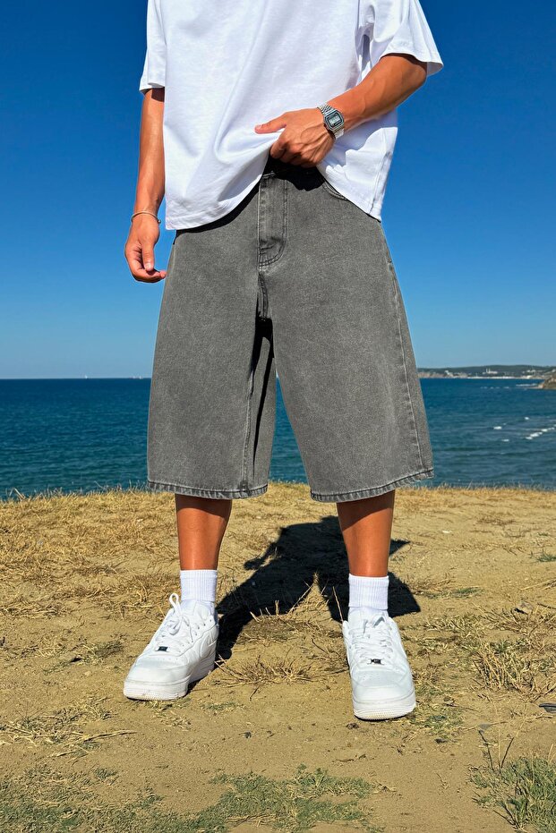 Yıkamalı Basic Kot Şort Antrasit - 1