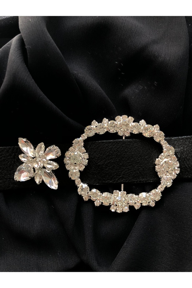 Crystal Big Stone Oval Belt Buckle and Flower Brooch Set of 2 Women's Evening Dress and Casual Dress Accessory
