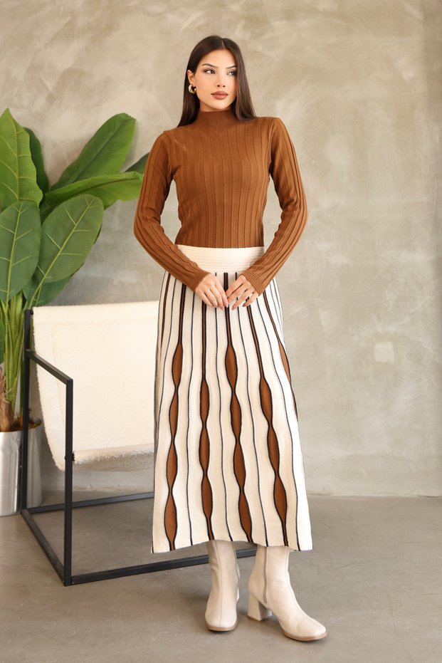 Half Fisherman's Collar Long Sleeve Elastic Waist Drop Pattern Pleated Midi Ankle Length Knitwear Dress