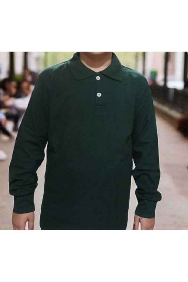 Long Sleeve Polo Neck Unisex Children's School Uniform, Long Sleeve Dark Green Unisex Polo Neck Combed Cotton
