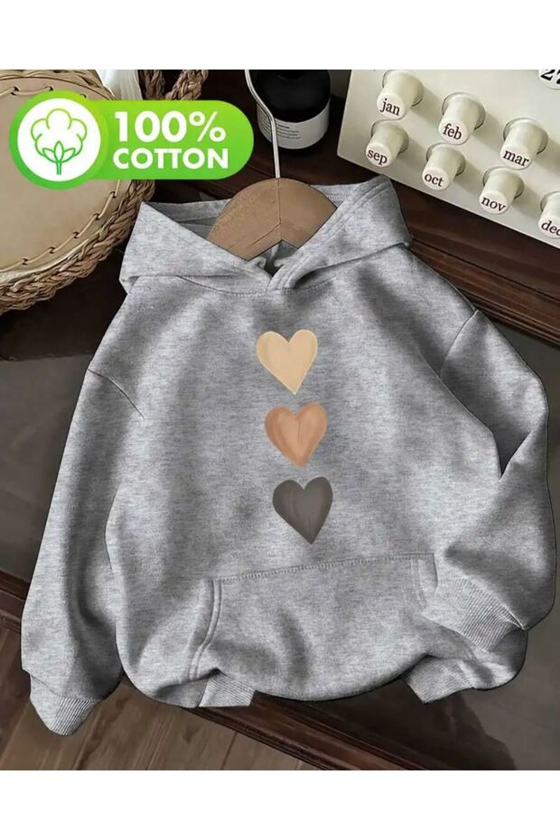 Heart Print Fleece-Lined Hooded Sweatshirt