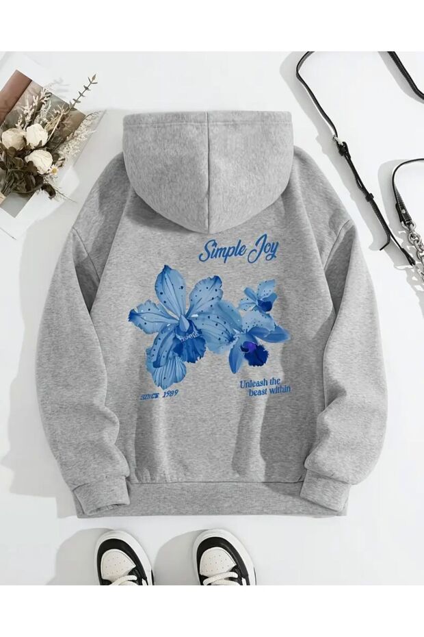 Floral Print Detailed Hooded Sweatshirt with Fleece Inside