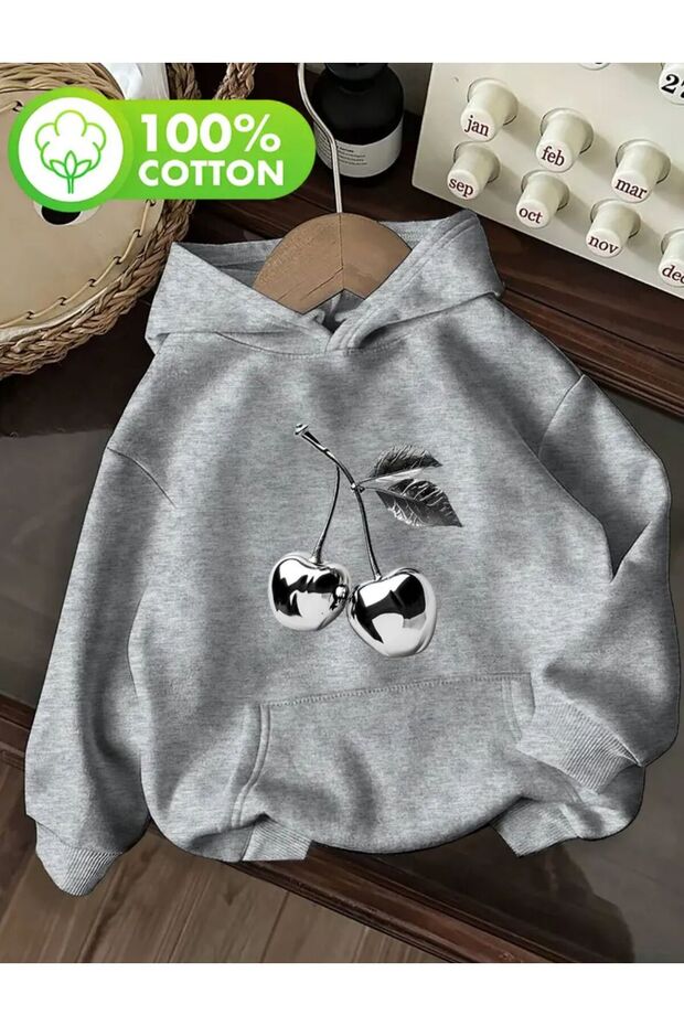 Cherry Print Detailed Hooded Sweatshirt with Fleece Inside