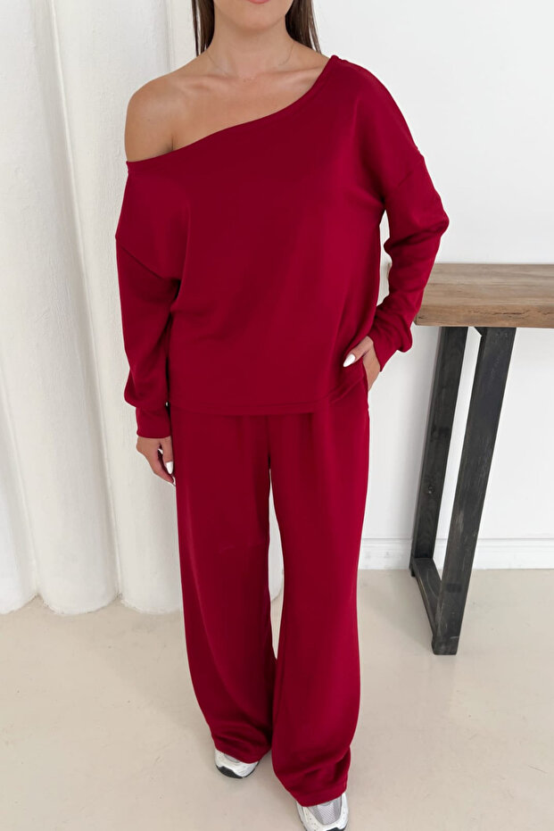 Women's Burgundy Modal Fabric Off-Shoulder Top and Bottom Set