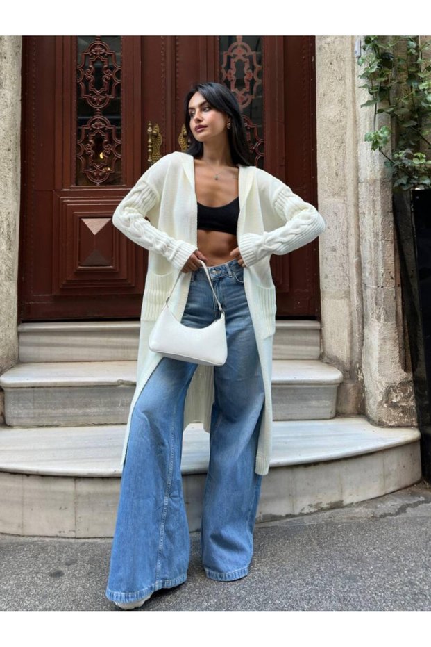 Women's Long Knitwear Cardigan with Pockets, Oversized Knitwear Cardigan with Hood