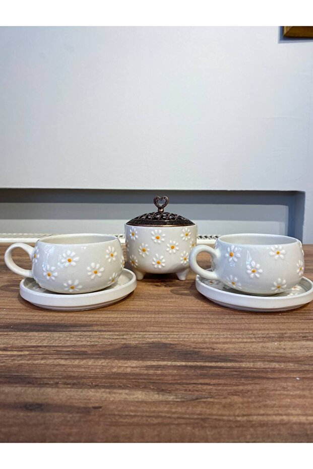 PAPATYA DESENLi EL YAPIMI SERAMİK ÇAY, KAHVE SETİ 2 ADET BARDAK TAKIMI VE 1 ADET ŞEKERLİK - 7