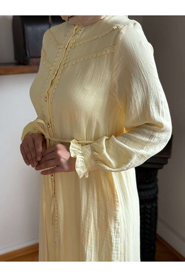 Dantel ve İnci Detaylı Müslin Elbise 5101 sarı - 3