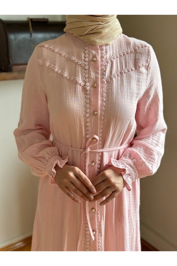 Lace and Pearl Detailed Muslin Dress 5101 Powder | Fendel