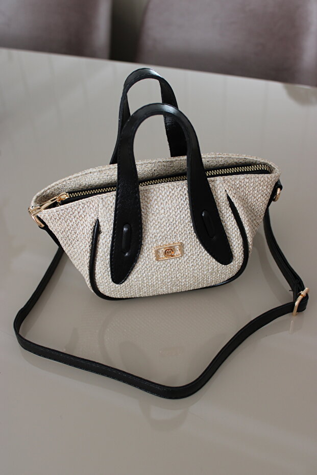 Women's Straw Look Black Mini Elegant Hand and Shoulder Bag Faux Leather