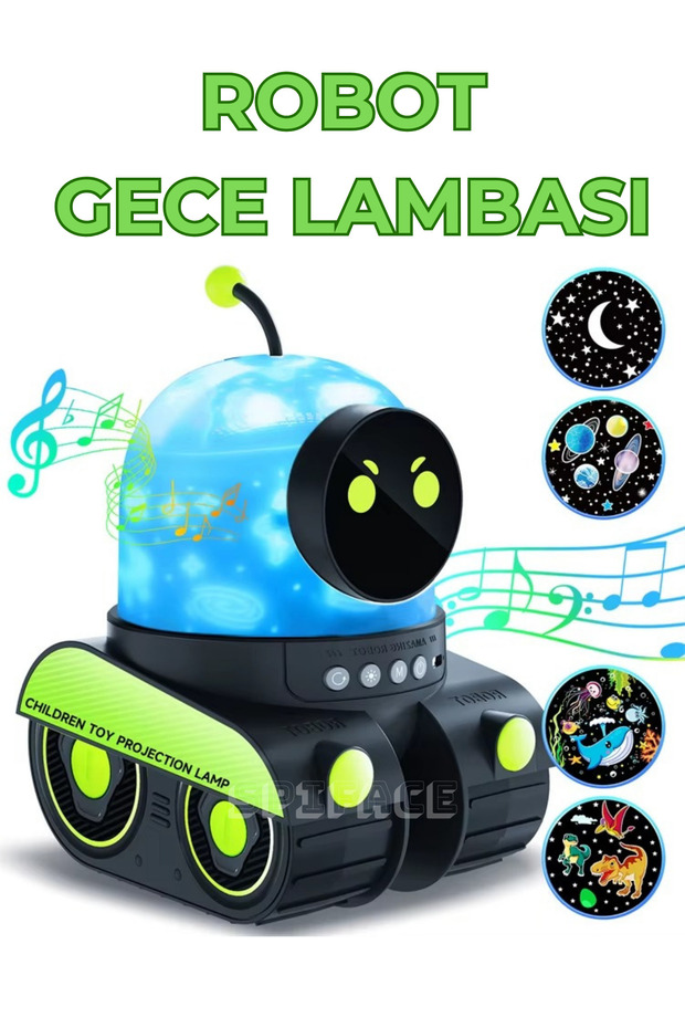 Çocuk Odası İçin Robot Projeksiyon Gece Lambası Hoparlörlü Şarjlı LED Projektör Spiface - 1