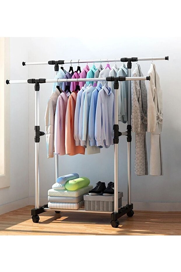 DOUBLE POLE Large Double Pole Clothes Hanger, Garment Drying Rack with Rolling wheels, Adjustable B