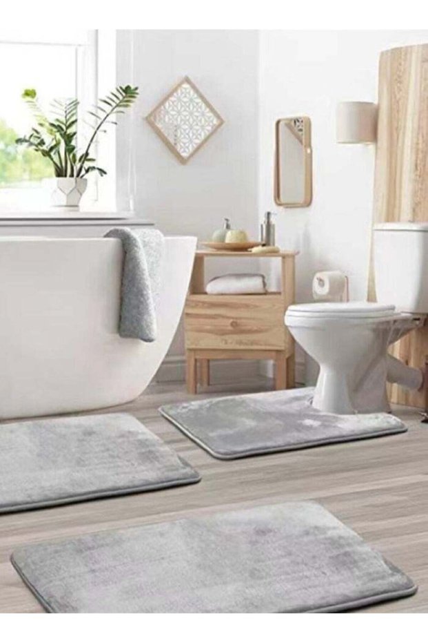 3-piece European Simple Style Toilet Floor Mat Suit/Bathroom Carpet Set Polyester Fiber Gray