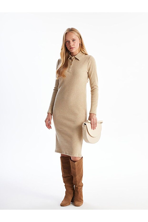 Gömlek Yaka Parlak Görünümlü Elbise - 2