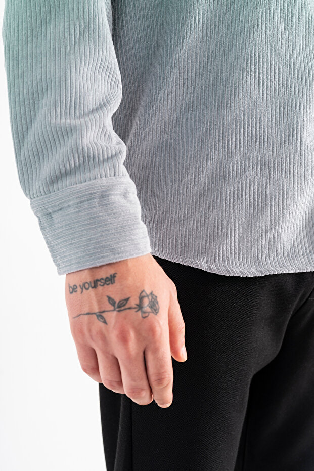 Erkek Kadife Gömlek Açık Gri Rahat Kesim Uzun Kollu Tek cepli - 8