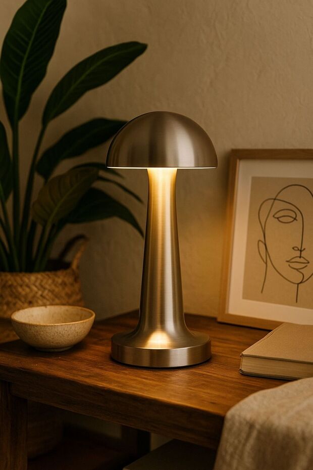 Mantar Model Silver LED Masa Lambası – Şarjlı, Dokunmatik, 3 Işık Seçeneği - 1