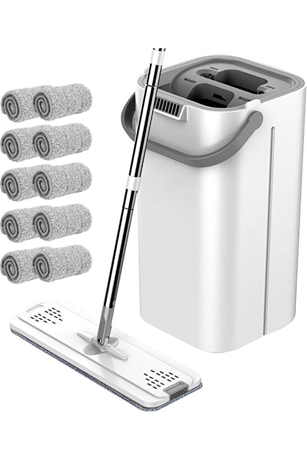 Arabest Microfiber Flat Mop With Bucket Cleaning Squeeze Hand Free Floor Mop 10 Reusable Mop Pads S