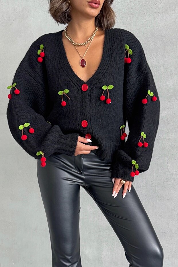 Women's Black Cherry-Accented Knit Cardigan