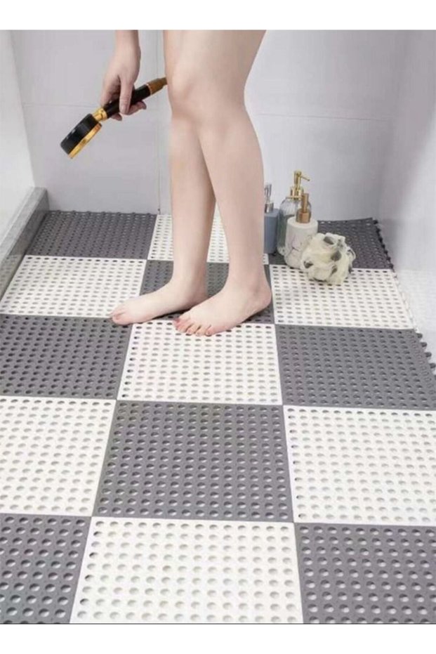 12-Piece Bathroom Anti-slip Mats Kitchen Shower Toilet Hollow Floor Mat Spandex White/Grey 30 x 30