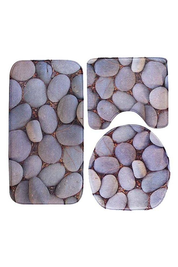 3-Piece Printed Carpet Bath Mat Set Grey/Brown