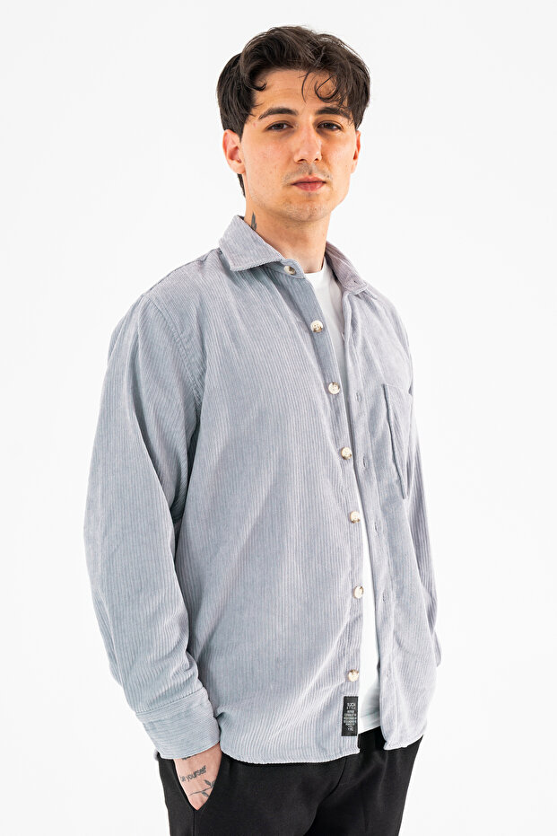 Erkek Kadife Gömlek Açık Gri Rahat Kesim Uzun Kollu Tek cepli - 3