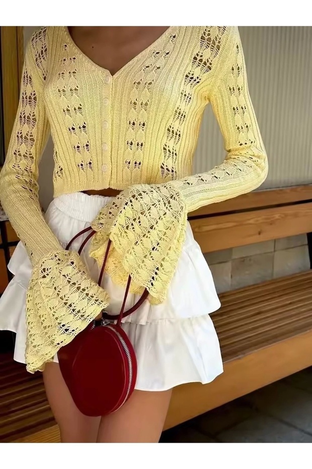 Women's Yellow Openwork Stylish Cardigan with Spanish Sleeve Detail