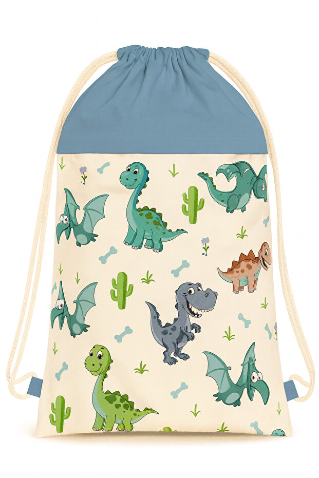 Kindergarten bag, dinosaur pattern with blue, cotton, lined, backpack type - 1