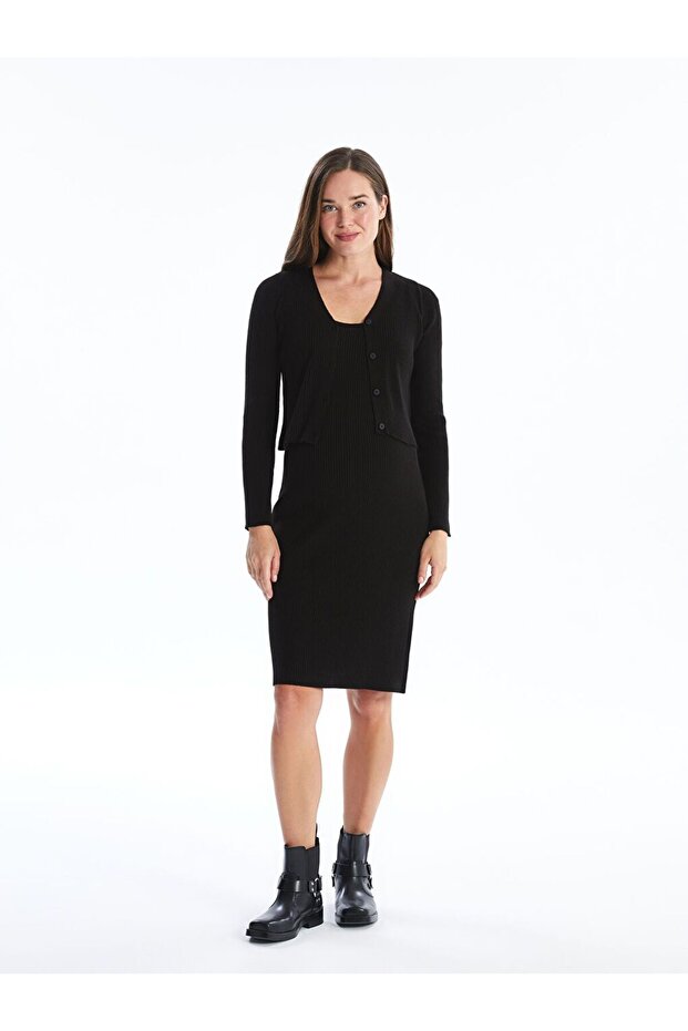 U Yaka Düz Hamile Triko Elbise ve Hırka Takım - 3