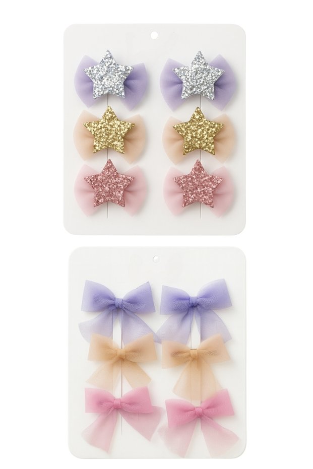 Girl's Star Detail Bowknot Hair Clips 12 Pack Purple Pink Salmon