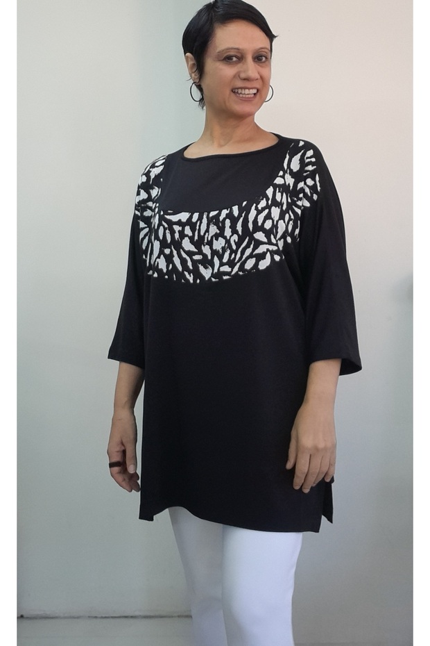Black Boat Neck Front Robe Color Block Bat Three-Quarter Sleeve Loose Combed Cotton Viscose T-Shirt