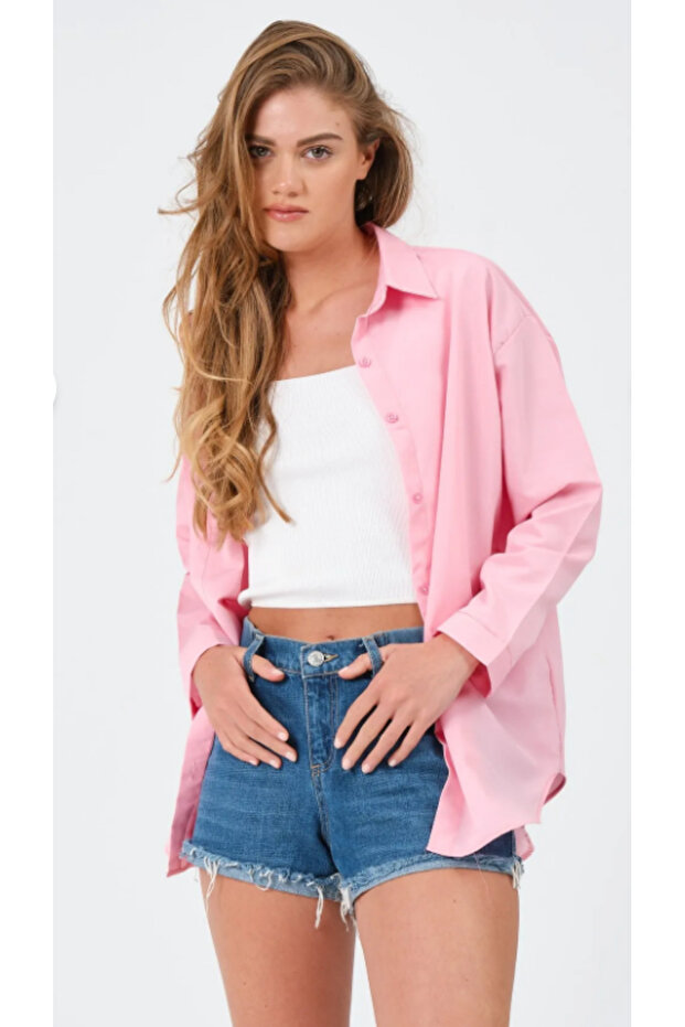 Kadın Oversize Basic Uzun Gömlek - Pembe - 4