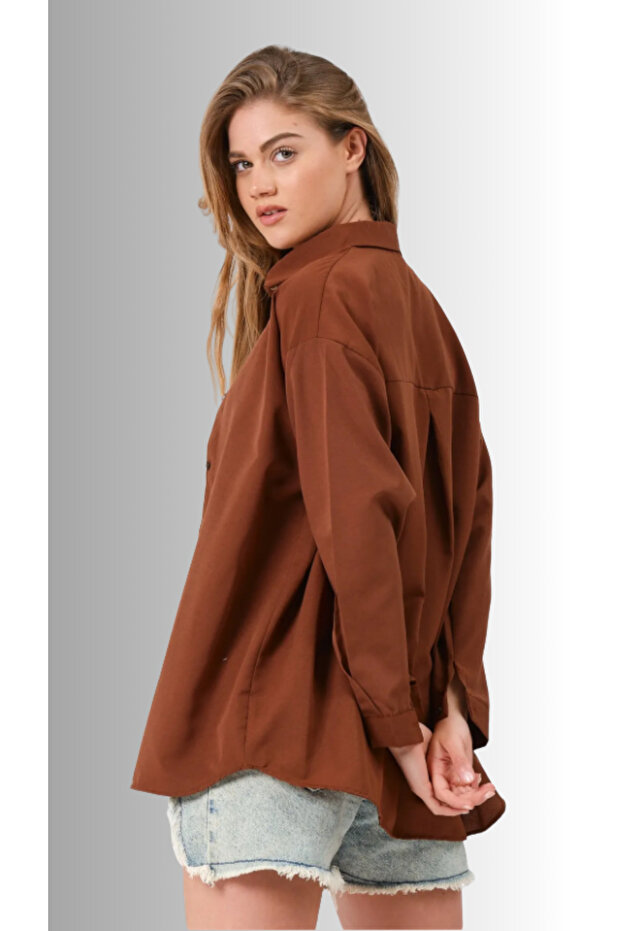 Kadın Oversize Basic Uzun Gömlek - KAHVE - 5