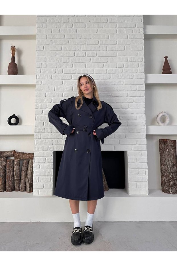 Women's Double Button Stylish and Classic Model Belted Long Trench Coat