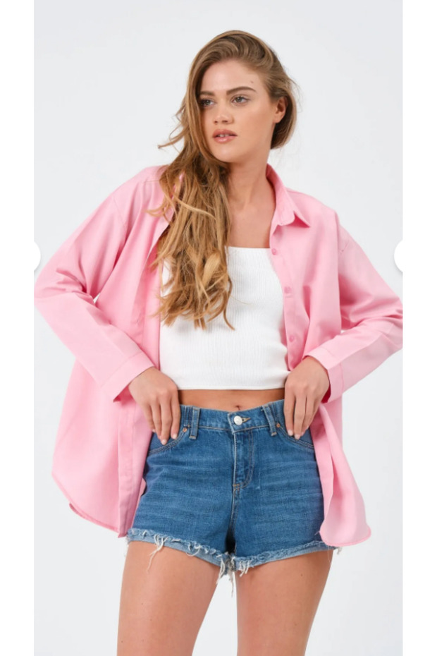 Kadın Oversize Basic Uzun Gömlek - Pembe - 6
