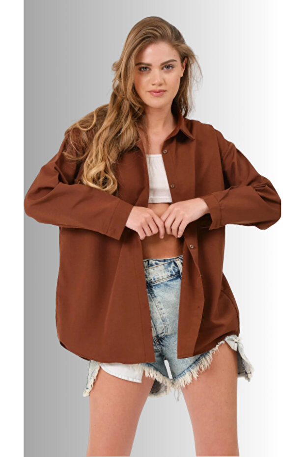 Kadın Oversize Basic Uzun Gömlek - KAHVE - 3