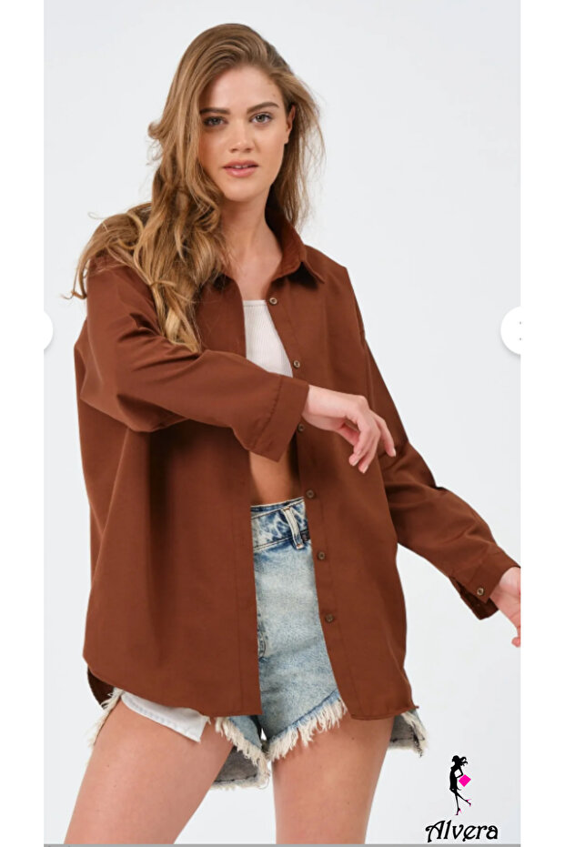 Kadın Oversize Basic Uzun Gömlek - KAHVE - 7
