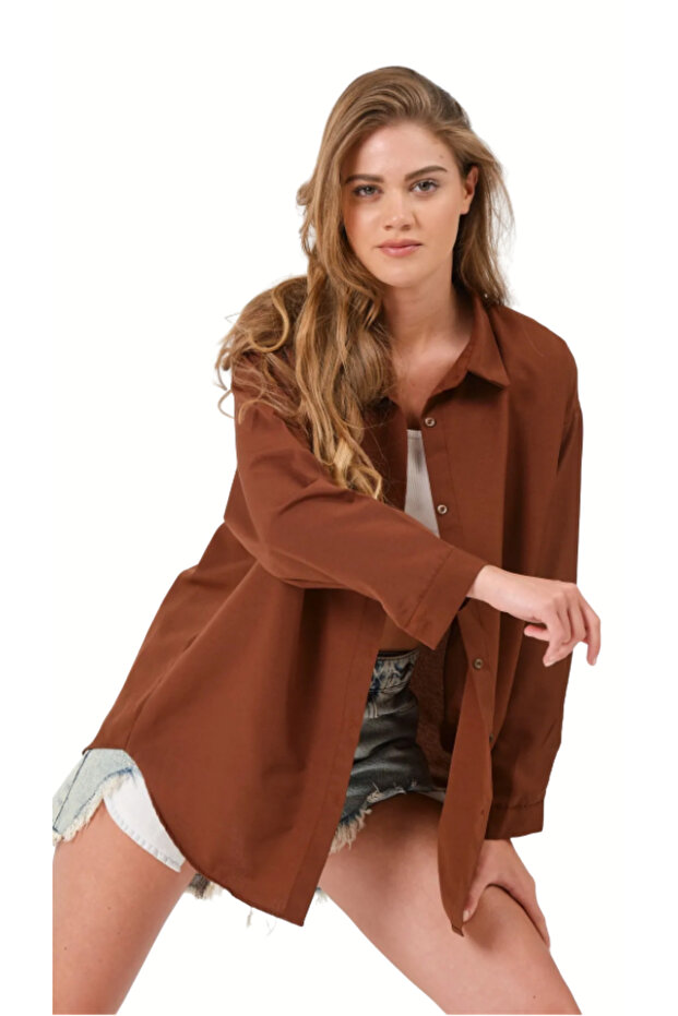 Kadın Oversize Basic Uzun Gömlek - KAHVE - 8