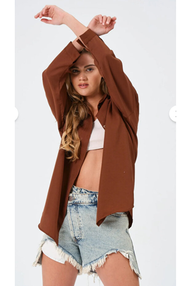 Kadın Oversize Basic Uzun Gömlek - KAHVE - 6