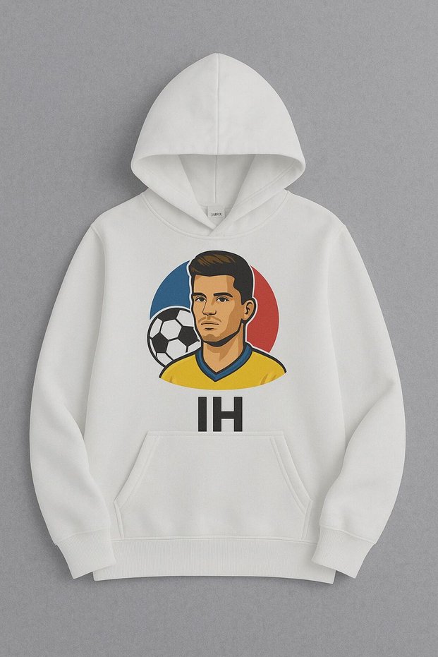 Ih Hoodie - Cartoon Football Player with Romania Flag Colors | Unisex Sports Sweatshirt