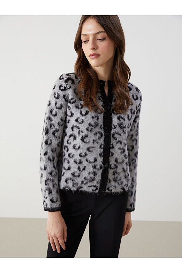 Bisiklet Yaka Leopar Desenli Kadın Triko Hırka - 2