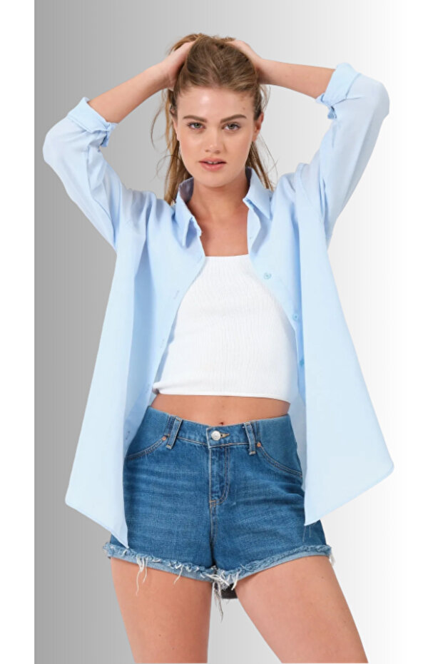Kadın Oversize Basic Uzun Gömlek - Açık Mavi - 1