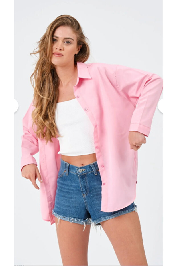Kadın Oversize Basic Uzun Gömlek - Pembe - 5