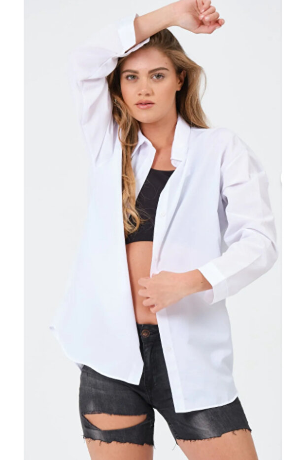 Kadın Oversize Basic Uzun Gömlek - Beyaz - 5