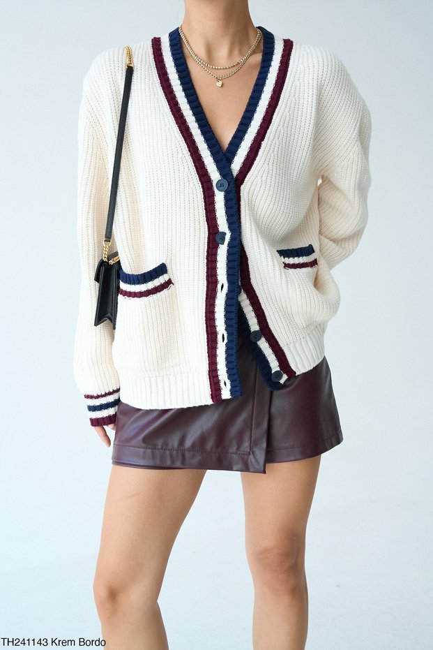 Beline 100% Cotton Knitwear Burgundy Navy Blue Striped Detail Long Sleeve Beige Cardigan
