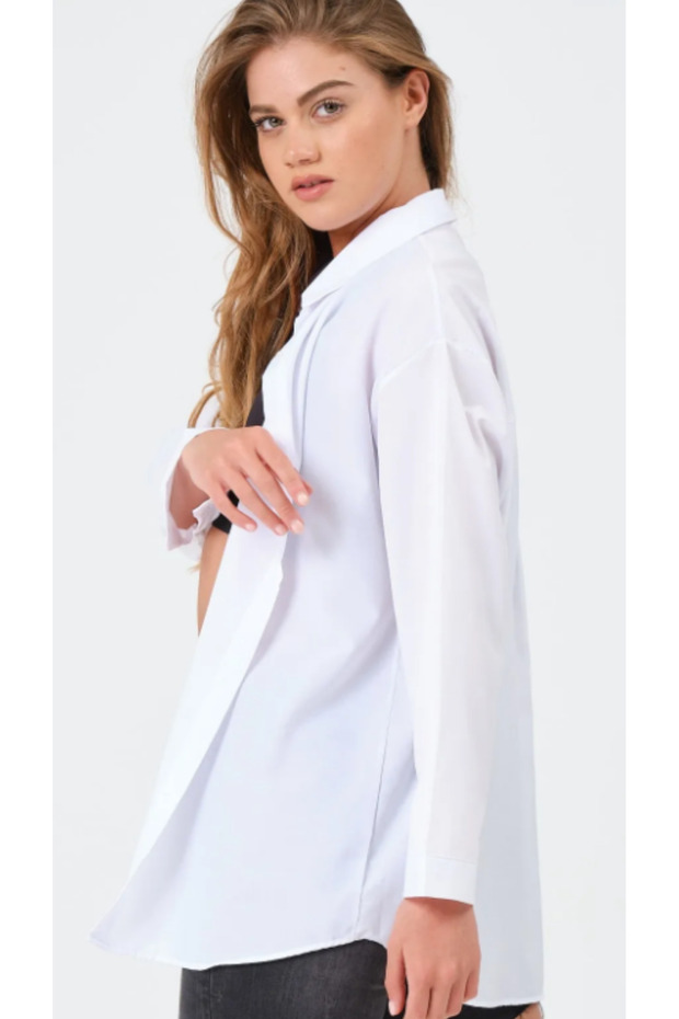 Kadın Oversize Basic Uzun Gömlek - Beyaz - 3