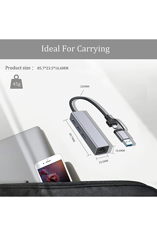 Multi Girişli USB ve Type-C Hub Adaptör to 3x USB 3.0 + Gigabit Ethernet 1000 Mbps Çevirici - 7
